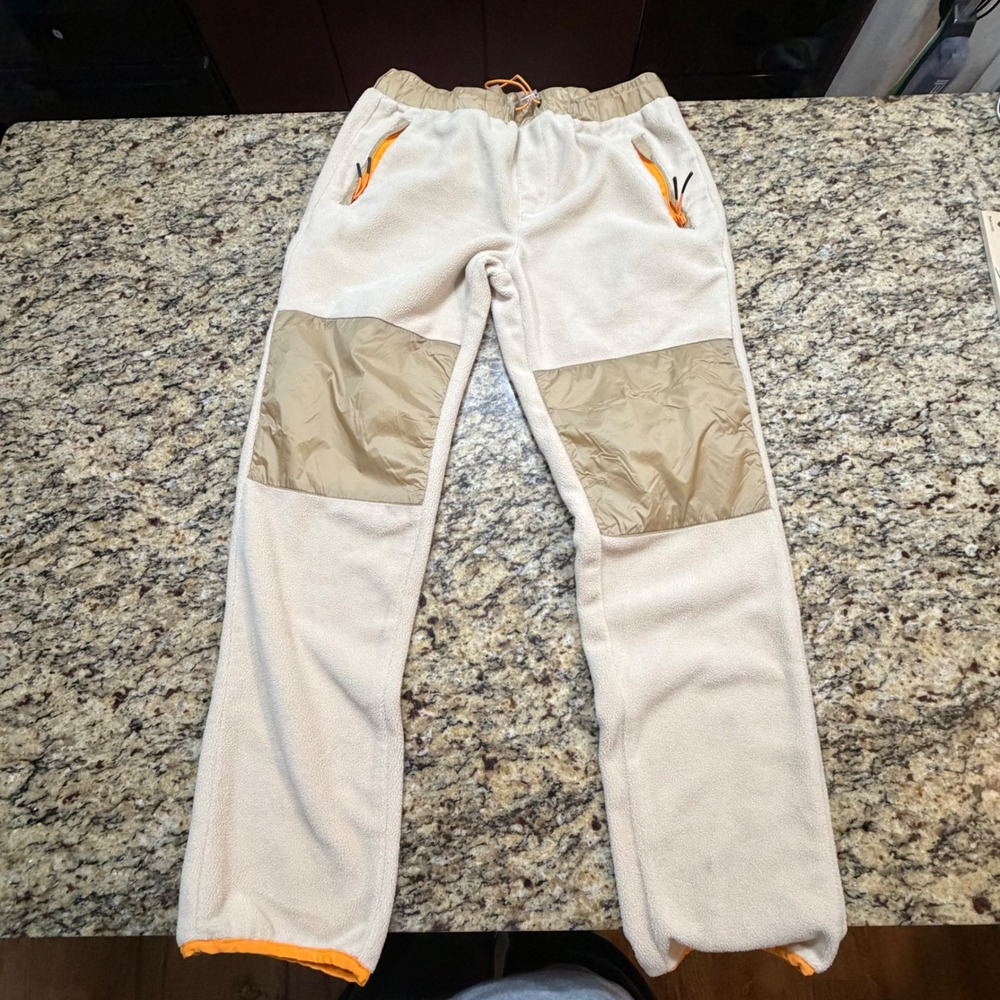 WeSC Mens Fleece Jogger Pants Cream Tan Orange Knee Patch Size Medium ws